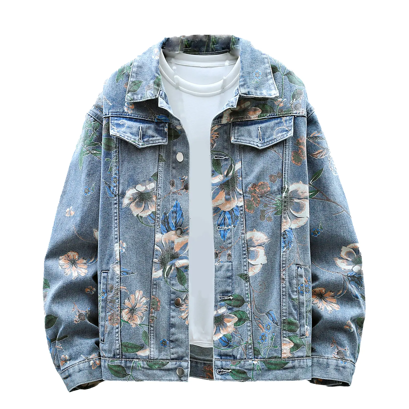 Vintage Floral Print Denim Jacket Men's Distressed Coat Streetwear Loose Fit Long Sleeve Jackets Korean Bomber Jeans Jacket Casual Fabric