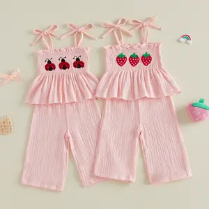 Toddler Girl Summer Outfits Ladybug/Strawberry Embroidery Smocked Cami Tops Elastic Waist Long Pants 2 Pcs Set