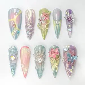 Fairycore Pastel Floral Press-On Nails | Pastel Nature-Inspired Nail | Dreamy Iridescent Design | Butterfly 3D Nail Art