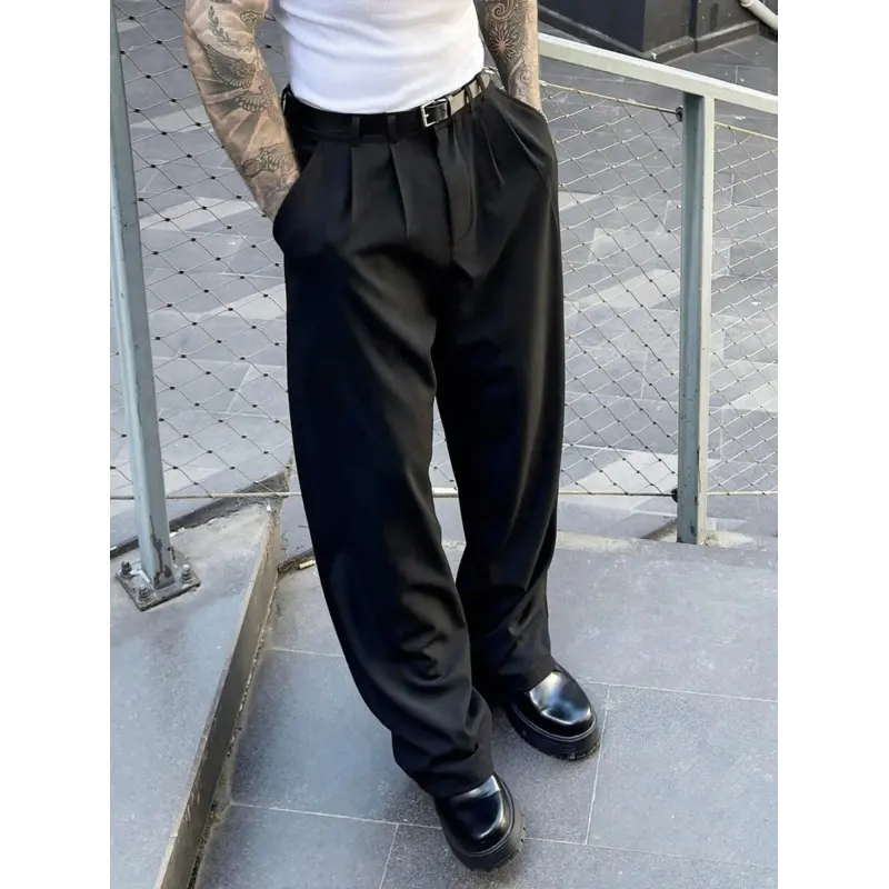 Men's Long Pocketed Polyester Designer Plain Dress Pants - Sports & Outdoor Clothing, Elegant Draping Fabric, Drawstring, Street-Friendly Versatile Formal Wear for Casual-Formal Occasions, Full Length, Loose-Fitting, No, Zip