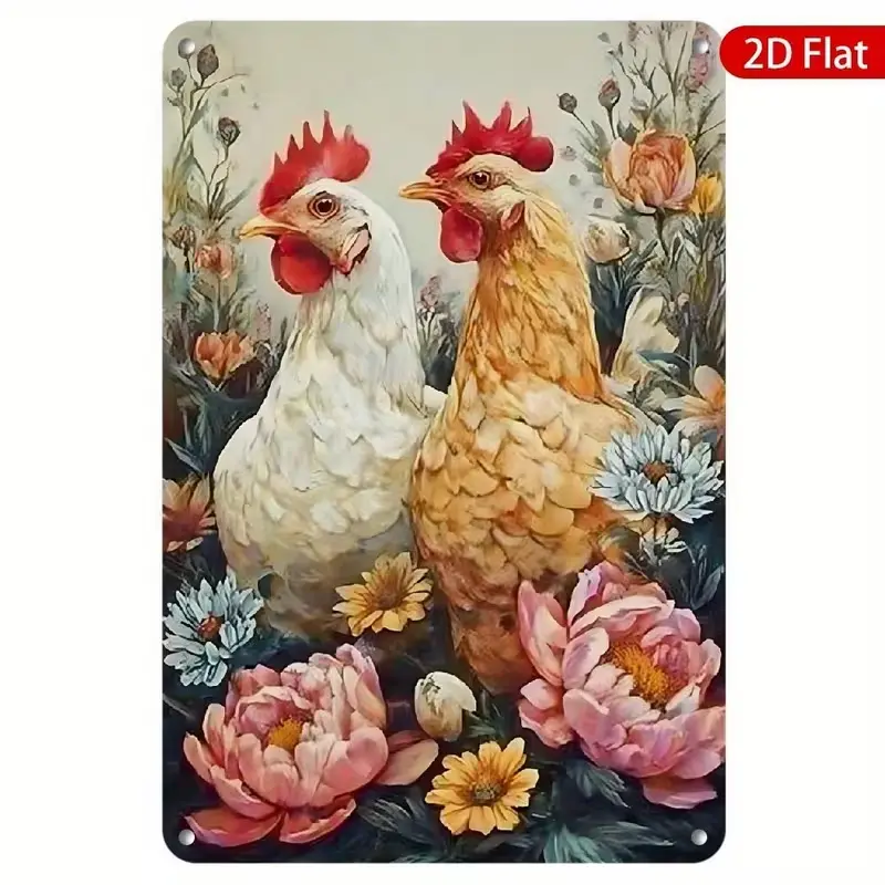 Vintage Distressed Metal Tin Sign - 2 White & Tan Hens With Pink Peonies, Daisies, Wildflowers - Cream Grunge Wall Plaque, Shabby Chic Cottagecore Floral Chicken Wall Art Decor For Farmhouse Kitchen, Chicken Coop
