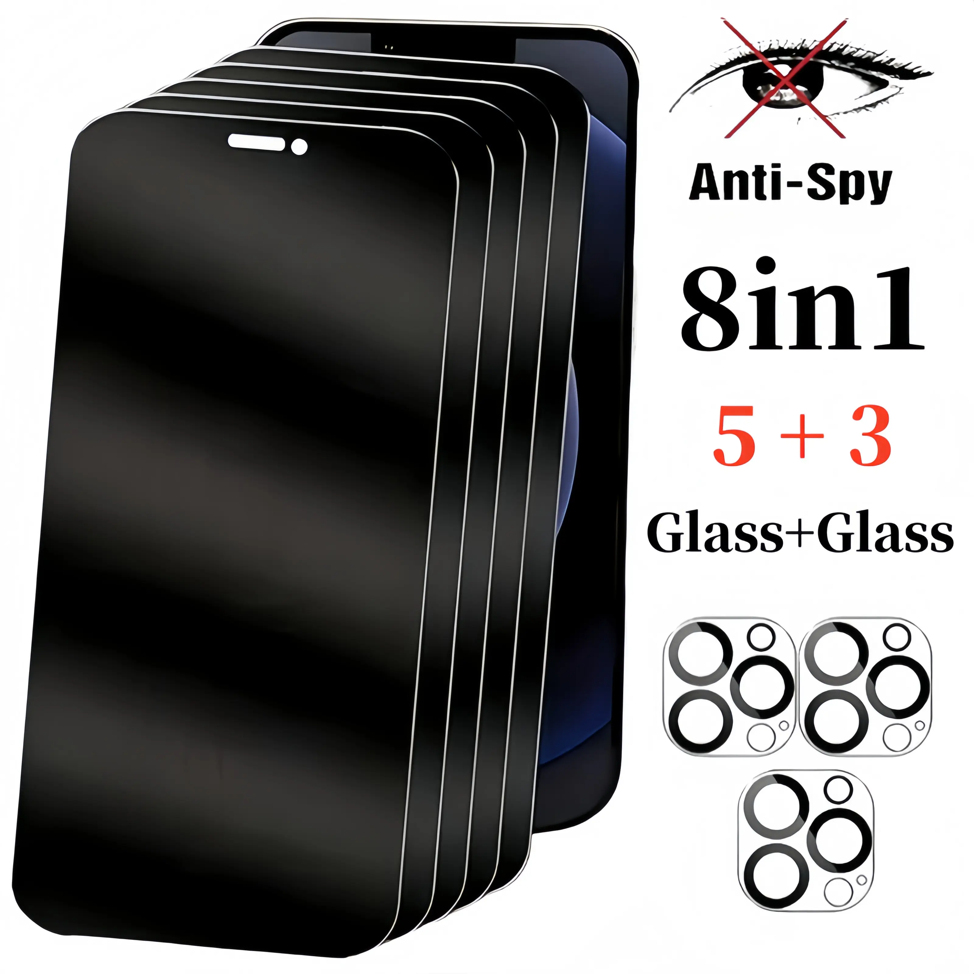 5Pcs+3Pcs 8in1 Privacy Screen Protector for iPhone 16E 16 15 14 13 17 Air Pro Max Plus with 3-piece Camera Lens Protector Set Anti Spy Tempered Glass Film 9H Hardness Case Friendly Protection