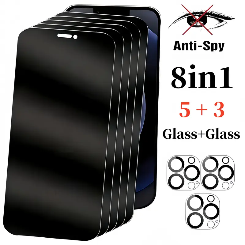 5pcs+3pcs 8-in-1 Anti-Spy Tempered Glass Privacy Screen Protector Kit for iPhone 13/14/15/16/16E/17 Pro Max Plus, 3-Piece Scratch-Resistant Camera Lens Protector, 9H Hardness, Case-Friendly Flash Smartphone Accessory