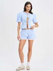 Qutayla Baby Blue Gingham Cotton Lace Trim Shorts
