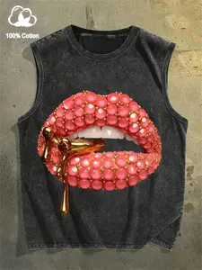 Men's Casual Luxury Graphic Vest, Gem Lips Print, Soft Pure Cotton, Loose Fit, Summer Daily Wear, Comfortable and Stylish