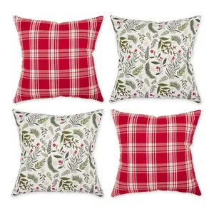Design Imports Set of 4 Asst Holiday Sprig/Plaid Pillow Covers