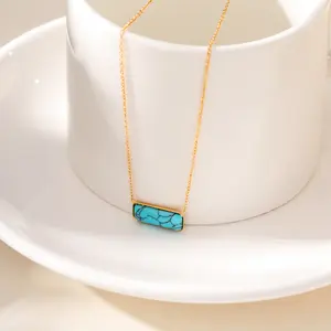 1pcs 14K pvd plate square turquoise pendant stainless steel necklace gold color temperament elegant suitable for dating out wear