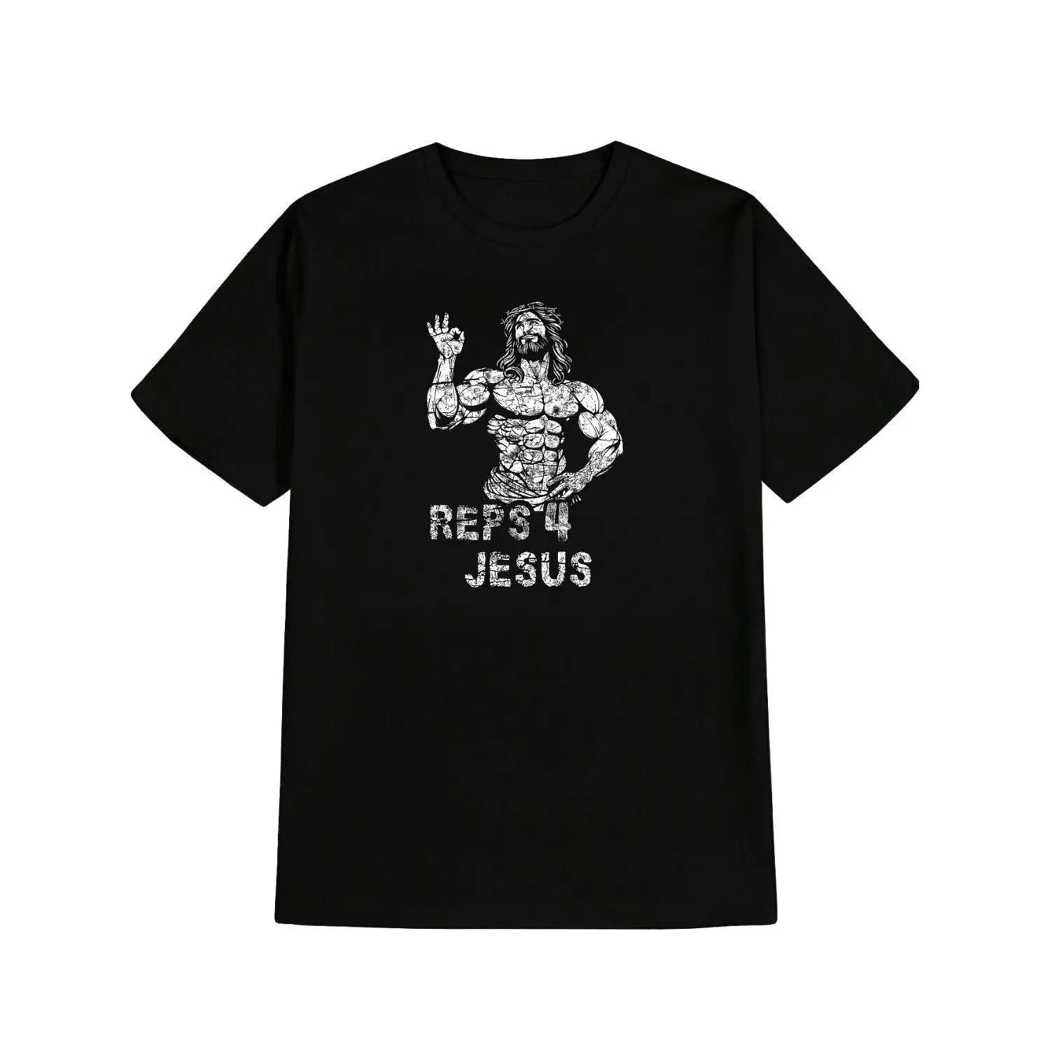 Humorous Christian Gym T Shirt Featuring Jesus Bodybuilder Design Perfect for Workout and Religious Gifting in Classic Black or White
