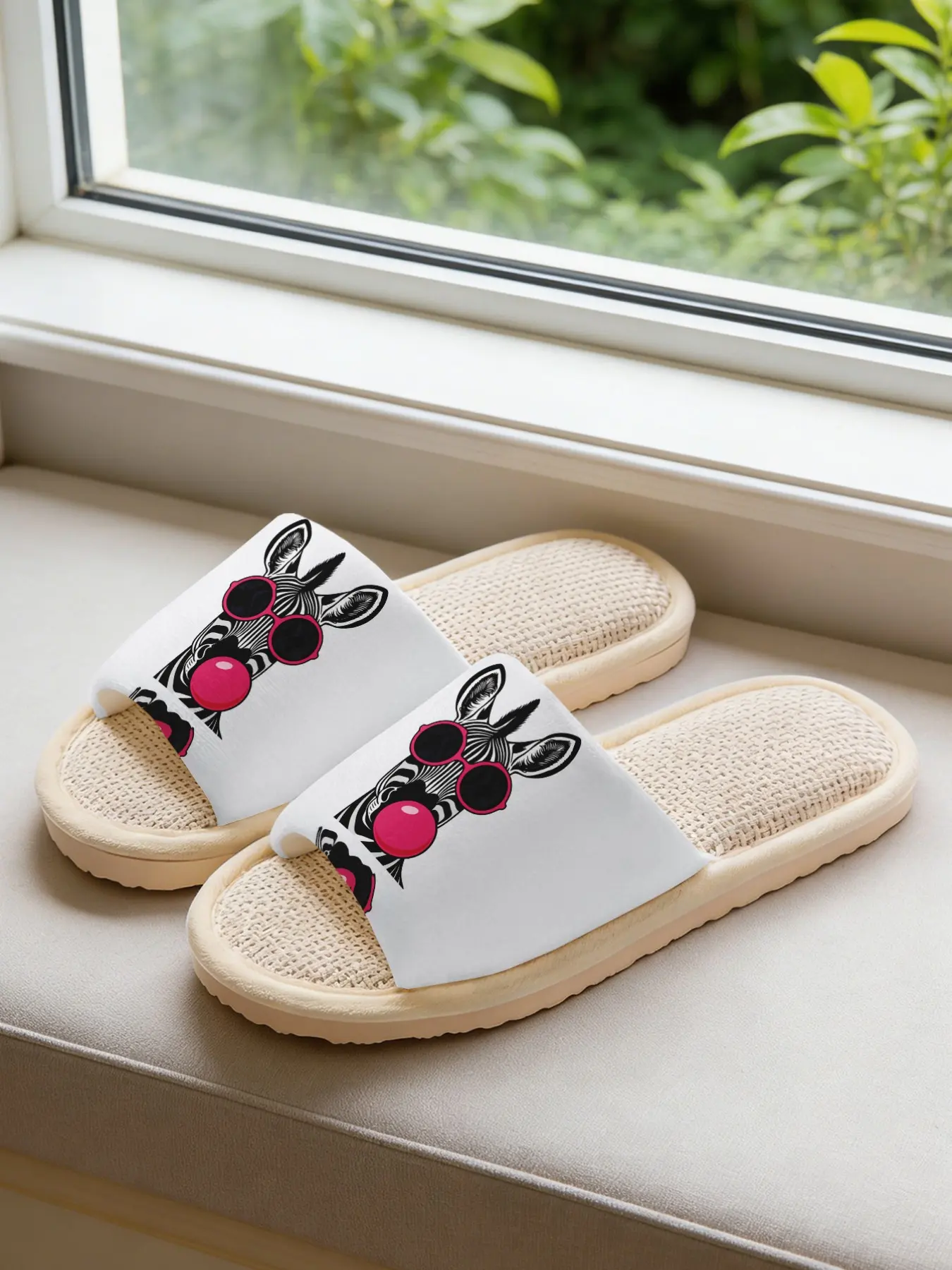 Zebra Print Funky Linen Slippers, Comfy Breathable Lightweight Non-slip All Season House Shoes for Animal Lovers Women Men Family Daily Home Wear