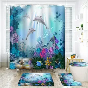 Dolphin Pattern Bathroom Decorations, 4 Counts/set Including 1 Shower Curtain & 1 Toilet U-shape Mat & 1 Rectangular Mat & 1 Toilet Lid Cover, Bathroom Accessories