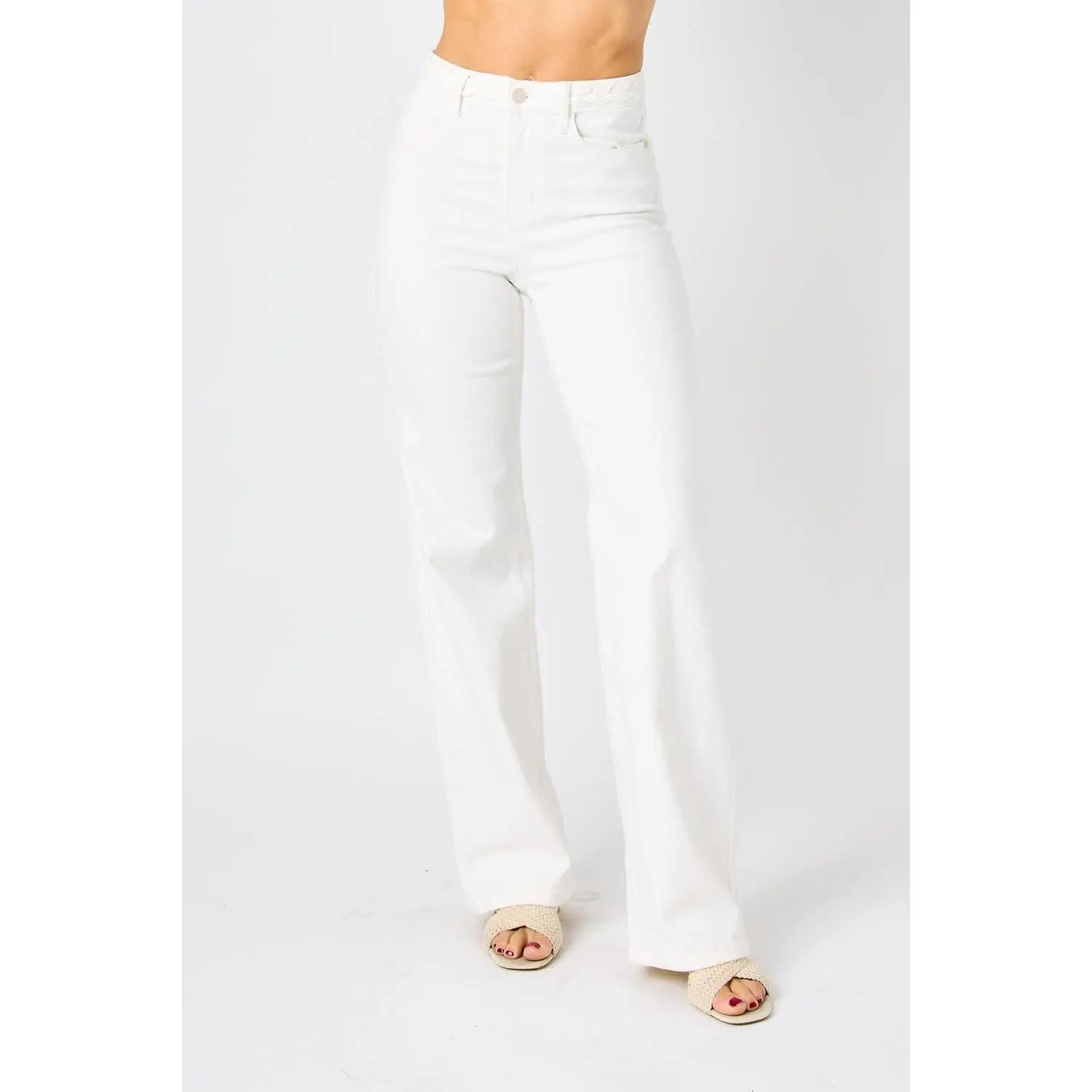 Judy Blue Braided Waistband Jeans for Women, High Waisted Flared Wide Leg Pants in Stretchy Cotton Blend, Elegance, High Waisted Wide Leg Jeans, 14W, Braid Detail, Multi-Size, All Seasons, White Jeans, Plus Size