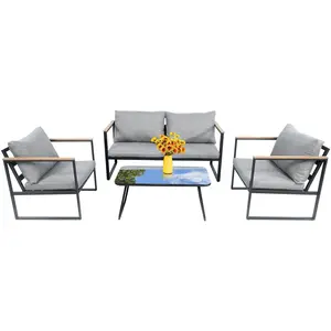 Third choice Outdoor Patio Furniture Armchair, 4 PCS All-Weather Metal Frame Single Sofa with Cushioned Comfort & Faux Wood-Style Arms for Patio and Balcony,Indoor Outdoor Use