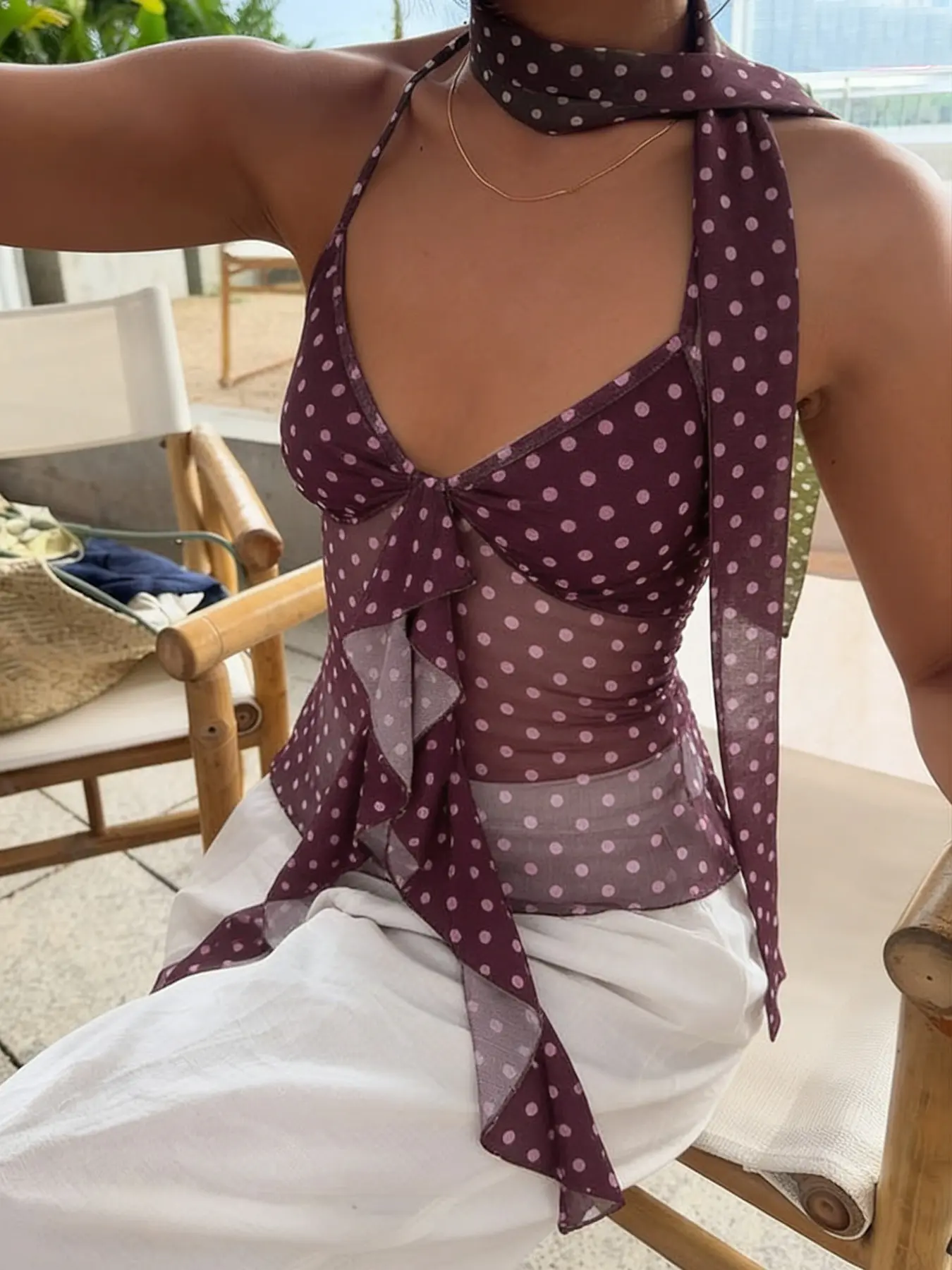 Y2K Polka Dot Sheer Boho Tops Casual Bohemian Sleeveless Tie Neck Halter Neck Crop Top with Ruffle Trim, Sexy Cute Spring Summer Women's Blouse, Boho Clothing, Lightweight and Fashionable