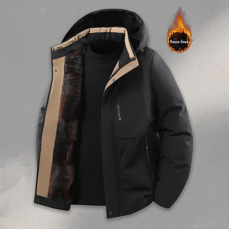 Men's Winter Fleece-Lined Sports Outdoor Casual Jacket Cotton-Padded Hooded Mountaineering Coat with Removable Cap Graphene Warm Parka Long Sleeve Menswear Tops Beige Khaki winter outfits men puffer jacket men heated jacket winter jacket jacket cute drago