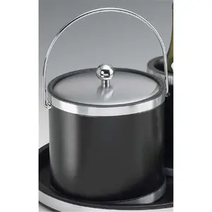Kraftware 68568 Sophisticates Black with Brushed Chrome 3 Quart Ice Bucket with Bale Handle Bands and Metal Cover
