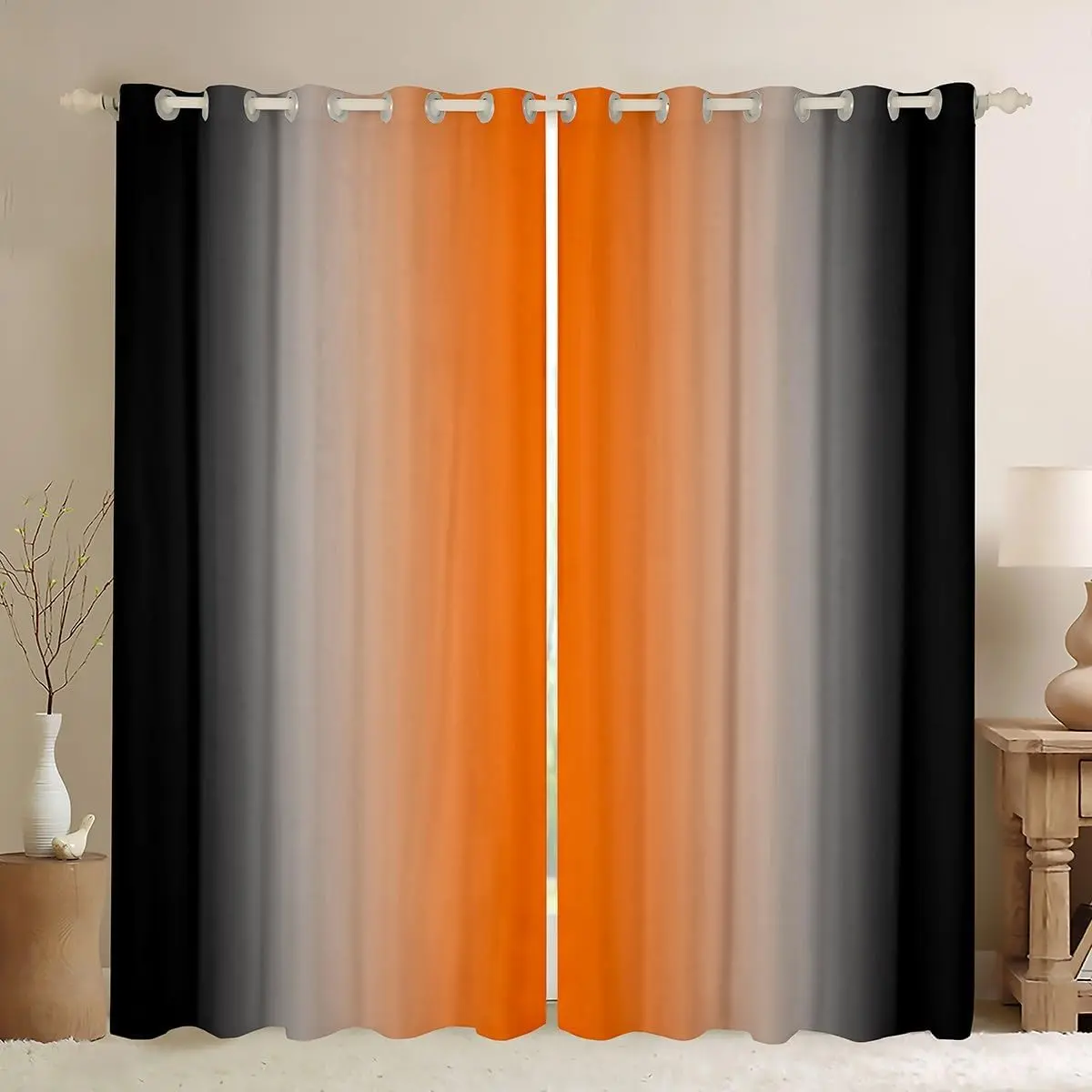 Orange Darkening Drapes, Ombre Black Curtains,Gradient Style 30%-50% Blackout Curtains,Abstract Window Treatments, Home Decoration Curtain, Privacy Grommet Curtains