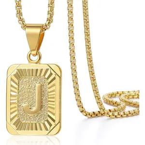 Initial A-Z Letter Pendant Necklace Mens Womens Capital Letter Yellow Gold Plated Stainless Steel Box Chain 22inch