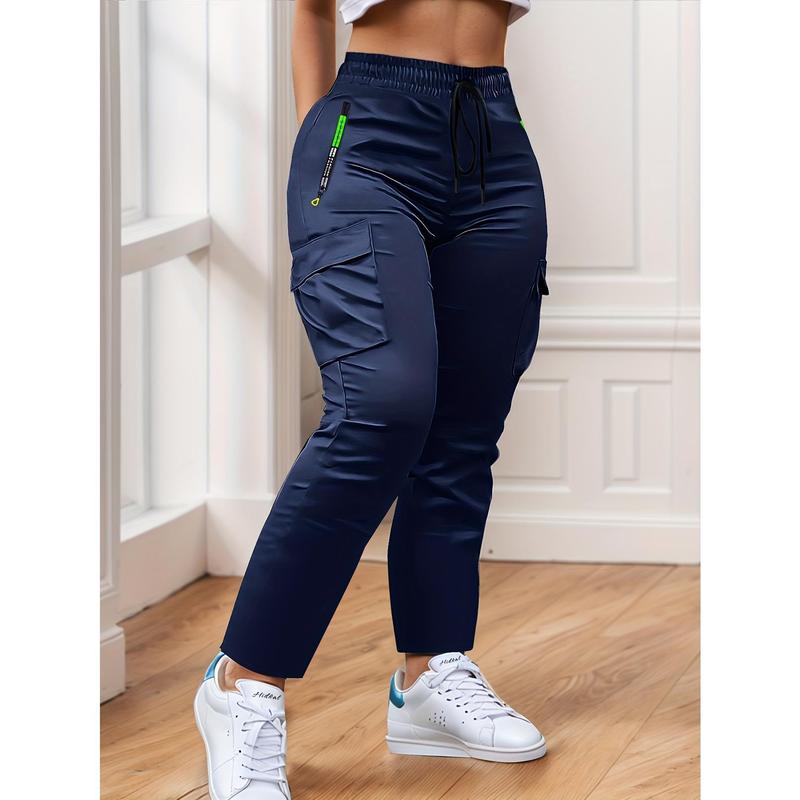 Women's Heavy-Duty Cargo Pants with Multi-Zipper Pockets & Neon Green Accents – Full-Length Trousers for Outdoor, Travel & Casual Wear in Spring/Fall Seasons – Belt-Style Waist Drawstring and Non-Slip Leg Construction