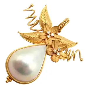 Vintage! Carolyn Tyler 22k Yellow Gold Mabe Pearl Diamond Pendant Pin Brooch