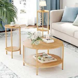 Yechen 3-Piece Boho Coffee Table Set with Hand-Woven Natural Rope, 2 Tier Wooden Round Coffee Table and End Table Sets with Metal Frame, Side Table with Storage for Living Room, Bedroom