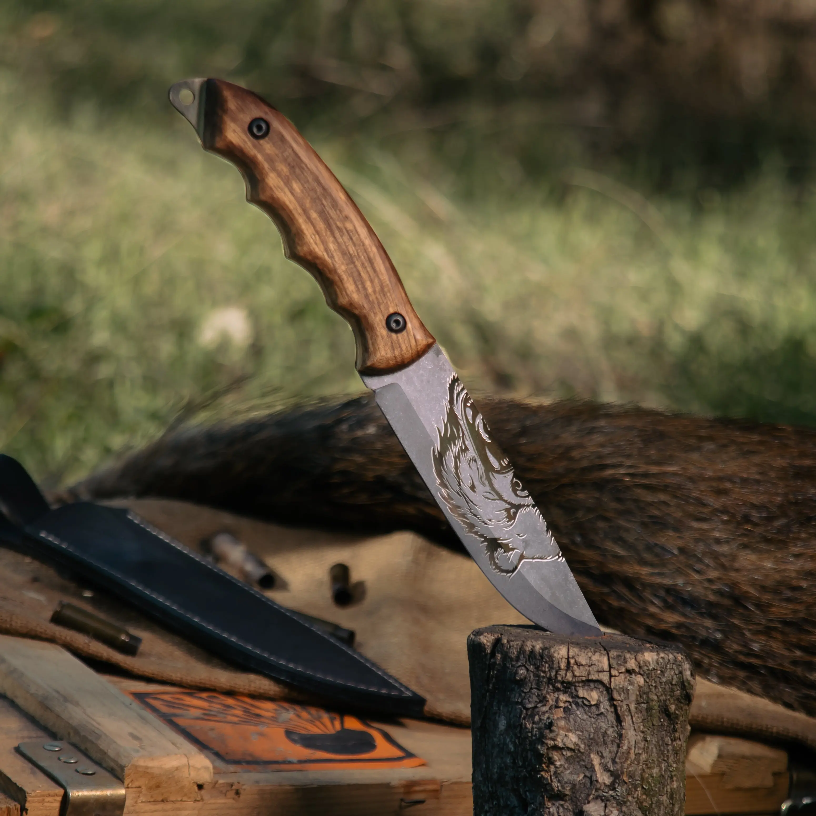 Bear Engraved Handcrafted Kitchen Knife with Ergonomic Wooden Handle, 3 mm Thickness Steel Blade, Ideal for Personalized Gifts & Utility Kitchen Tasks