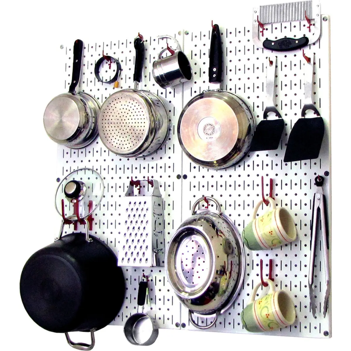 Wall Control B1296622 Metal Kitchen Pegboard Organiser Kit with Racks - White & Red, 32x32x6 in - for Tool & Utensil Storage & Organization