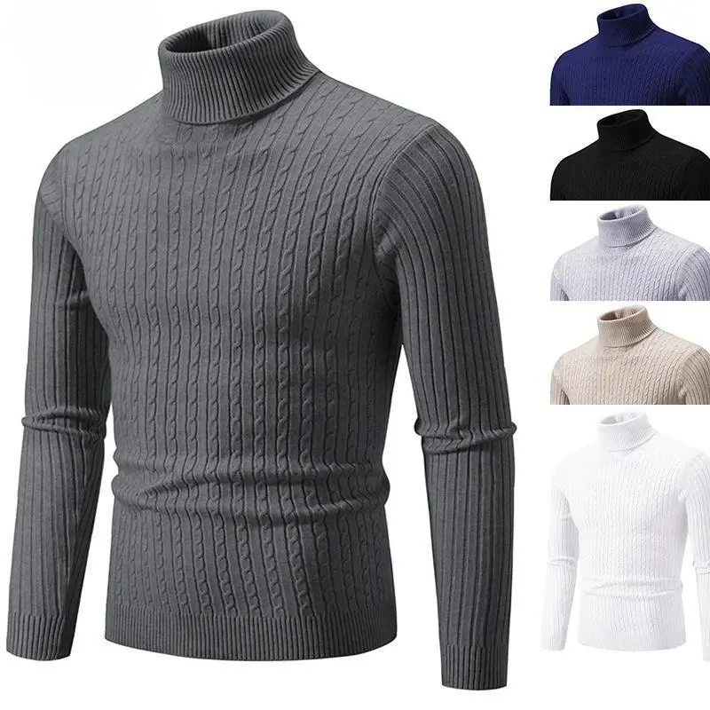 New Men's High Neck Sweater Solid Color Pullover Knitted Warm Casual Turtleneck Sweatwear Woolen Mens Winter Outdoor Tops Knitwear Menswear