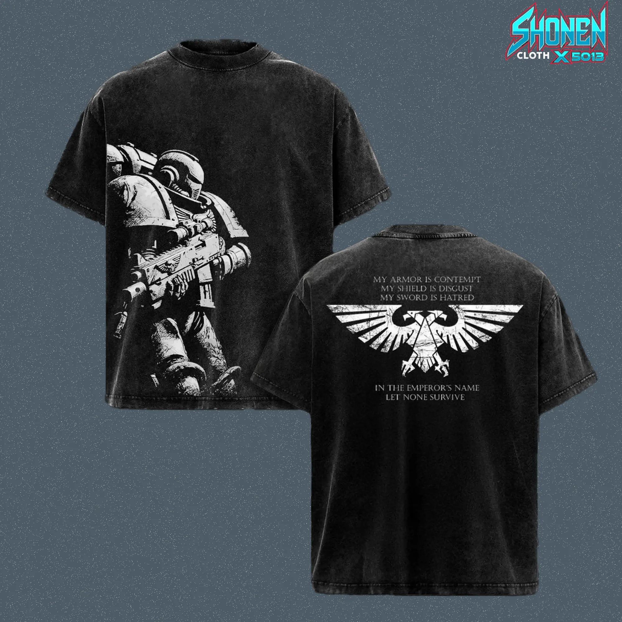Warhammer 40k Space Marine Aquila Imperial Heavyweight Washed Top, Imperium Of Man Bolter Soldier Graphic Boxy Fit Garment, Vintage Faded Charcoal Streetwear Clothing