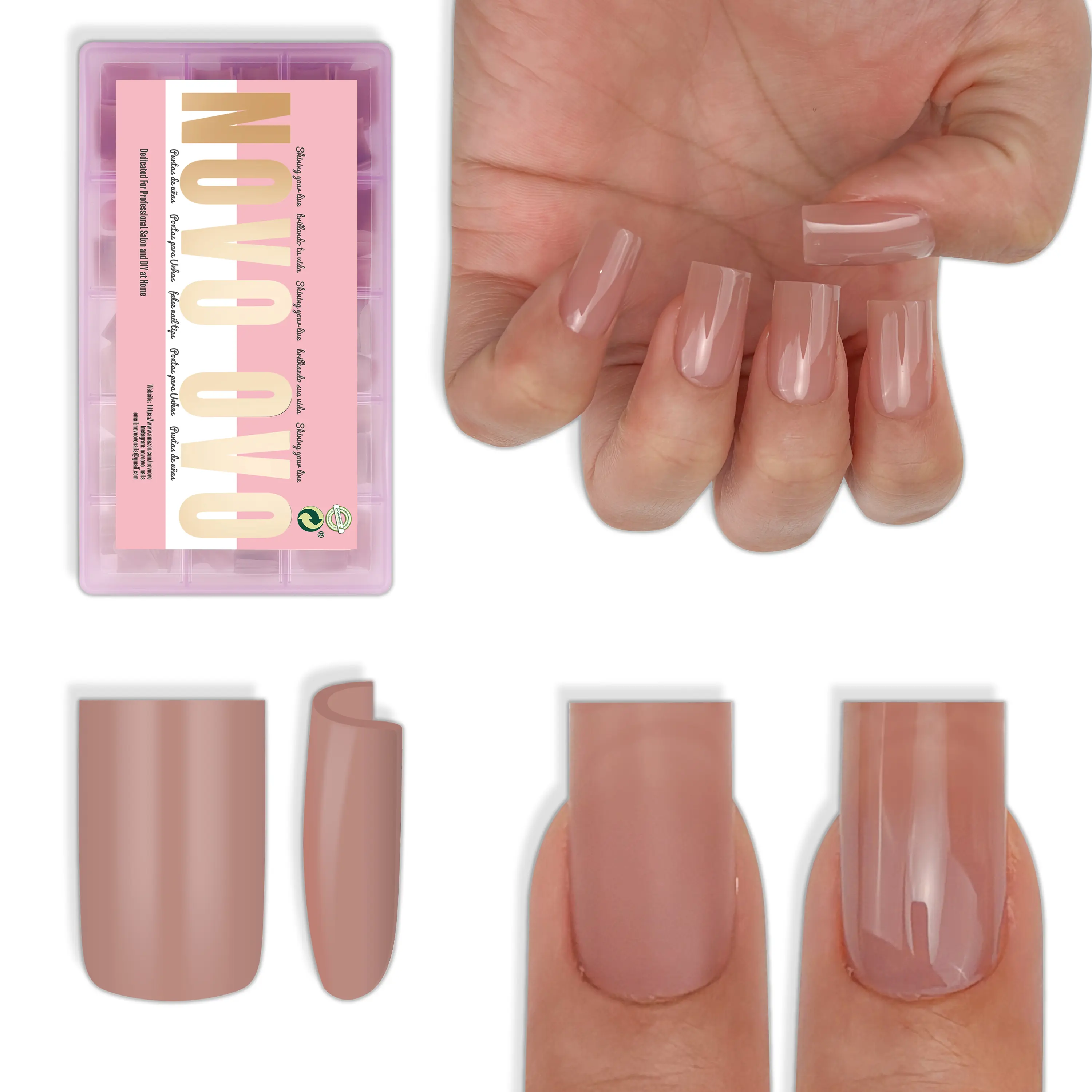 NOVO OVO Short Sharp Square Nail Tips Press on Pure Color Brown Pink, Need Builder Gel Top Coat Nail Glue, Soft Gel Matte Fake Nail Extension, Full Cover False Nails for Salon DIY x 15 Sizes 240 pcs