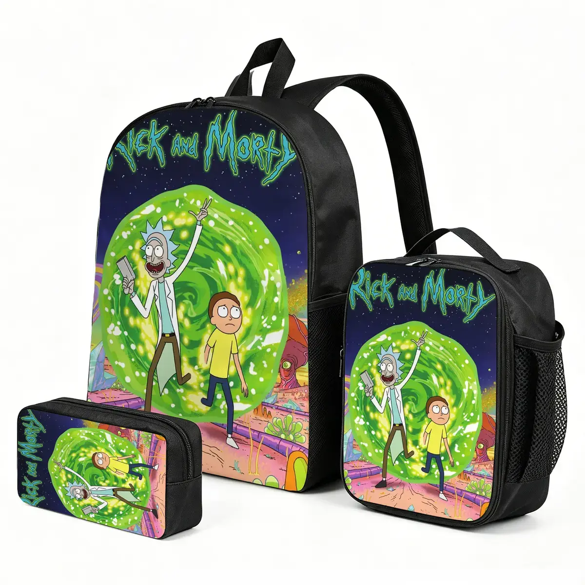 Rick-and-Morty Graphic Backpack 3-Piece Set, Back to School Haul Holiday Gift, 1-Size Cute Kids Bookbag with Lunch Box, Pen Pouch & Crossbody/Shoulder Bag Functionality, One Size
