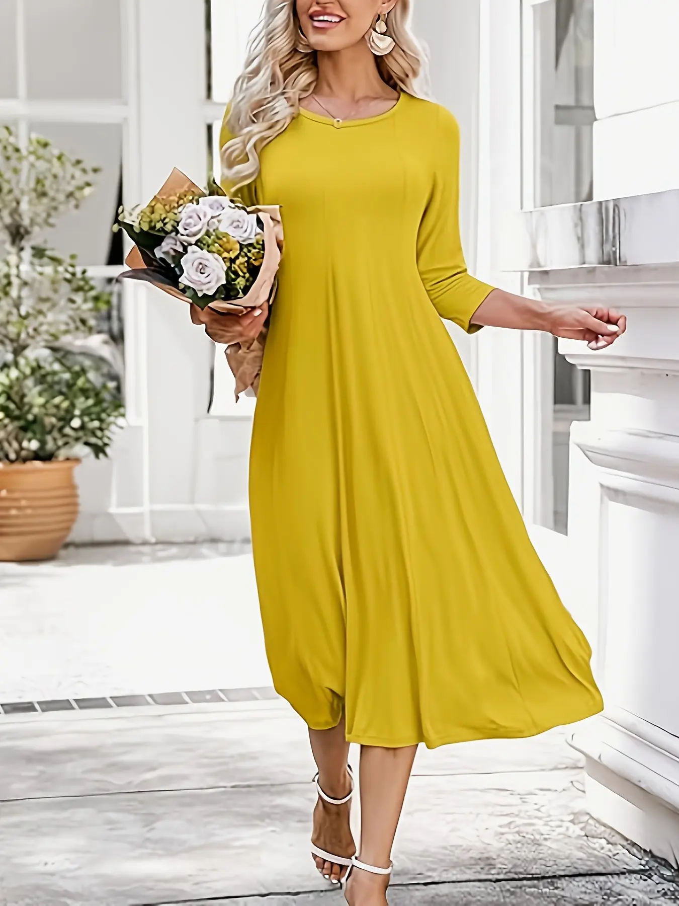 Women's 3/4 Sleeve A-Line Midi Dress, Flared Skirt Design, Perfect for Casual & Formal Wear, Stylish Chic Elegant Mid-Length Dress, Womenswear