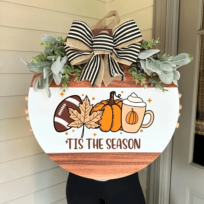 11.8 in Rustic Farmhouse Fall Wooden Door Hanger - Pumpkin, Coffee Cup, Football Ornament, Leaf, Eucalyptus Accent Welcome Sign, Festive Decoration, Holiday Decor, Entryway Gift, Print, Front Door Decor, Country Rustic