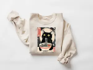 Ramen Cat Sweatshirt, Funny Japanese Kitty Crewneck, Ukiyo-e Style Shirt, Cat Lover Gift, Cute Noodle Tshirt, Noodle Foodie Tee, Cat Sweater