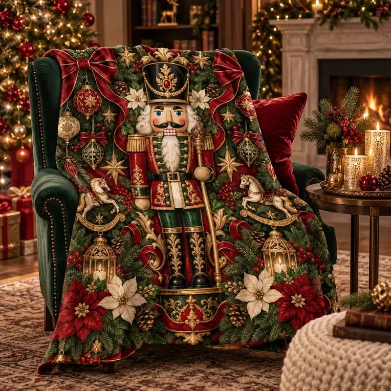 180/2000  Vintage luxurious Nutcracker Christmas flannel blanket, featuring a classic red, green, and gold color scheme that exudes exquisite ceremonial charm, symmetrical Christmas-themed patterns, and ribbon bows enhance the rich festive atmosphere.