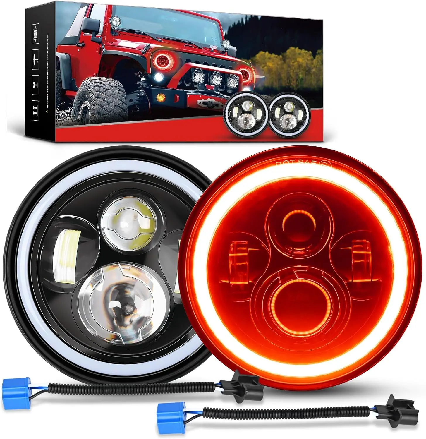 Nilight 7-Inch Round LED Halo Headlights, LED Front Lights with Amber Turn Signal, Red DRL, High-Low Beam, Compatible with 2007-2018 Wrangler JK JKU Led Headlamps Bulbs