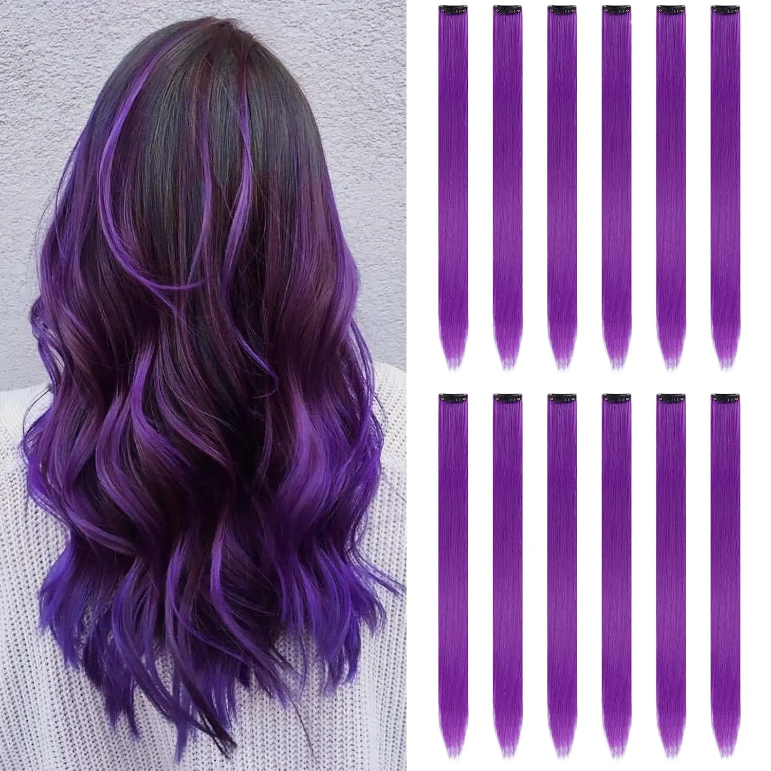 Colorful 12 Count Colored Purple Hair Extensions 22 Inch for Women - Ideal  for Women