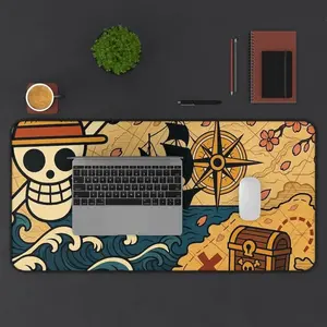 [New Gaming Gear - Sale Up To 35%] One Piece Pirate Treasure Map Desk Mat, Gaming Mouse Pad, Jolly Roger Theme, Ocean Waves and Cherry Blossoms, PC Setup Accessory