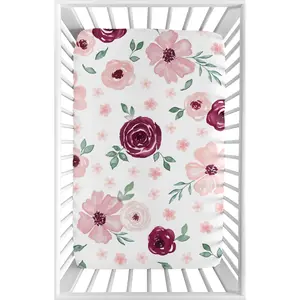 Sweet Jojo Designs Burgundy Watercolor Floral Girl Fitted Mini Crib Sheet Baby Nursery For Portable Crib or Pack and Play - Blush Pink, Maroon, Wine, Rose, Green and White Shabby Chic Flower Farmhouse