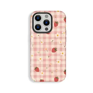 Cute Strawberry Flower Pale Pink Checkered Stripe Pattern Phone Case, phone Case Suitable for iPhone 17 16 15 14 13 12 11 Pro Max Plus & Samsung Galaxy S26 S25 S24 S23 S22 Ultra