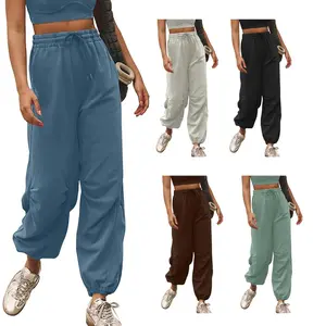 JovenPara Women's High Waisted Parachute Pants Elastic Waist Casual Cargo Work Pants with Ankle Drawstring