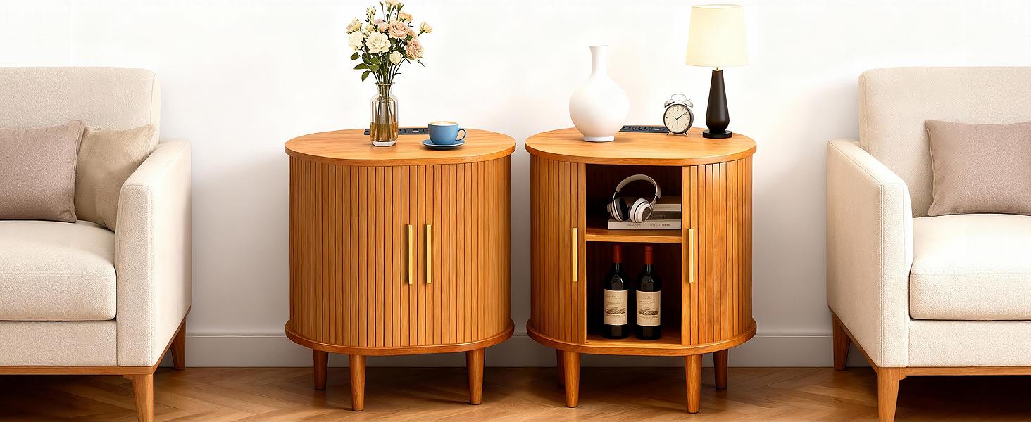 DHH Modern Yellow Oak Oval Nightstand with Charging Station, Aesthetic Bedside Table with Power Outlets, Versatile Fluted End Table for Living Room, Bedroom & Entryway DHH Modern Yellow Oak Oval Nightstand with Charging Station, Aesthetic Bedside Table with Power Outlets, Versatile Fluted End Table for Living Room, Bedroom & Entryway