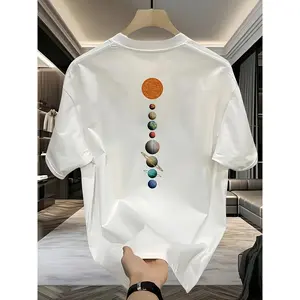 Men's 100% Cotton Casual Short Sleeve T-Shirt with Solar System Planet Print - Breathable Round Neck Summer Top, Regular Fit for Casual Attire, Relaxed Outfit, Graphic Tee, Lightweight Shirt, Printed Shirt, Streetwear Style