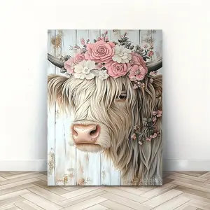 Rustic style wooden frame highland cow canvas art print, Cute Cow Pattern, wreath wall decoration, woven material for bachelor party, home and office decor, unique Christmas gift idea, 15.7* 11.8inch /40* 30cm ,2D flat design, very suitable