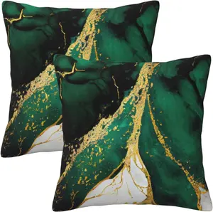 Set of 2 Emerald Green & Gold Marble Throw Pillow Covers, 18x18 Inch Modern Luxury Cushion Cases for Sofa, Bedroom, Living Room