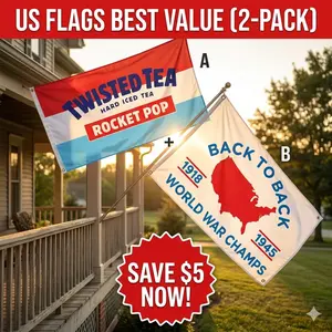 US Flag 2-Pack Twisted Tea Rocket Pop and Champs 3x5ft Banner - Durable Polyester, Double Stitched for Party & Dorm - Save $5 When Buying Two!