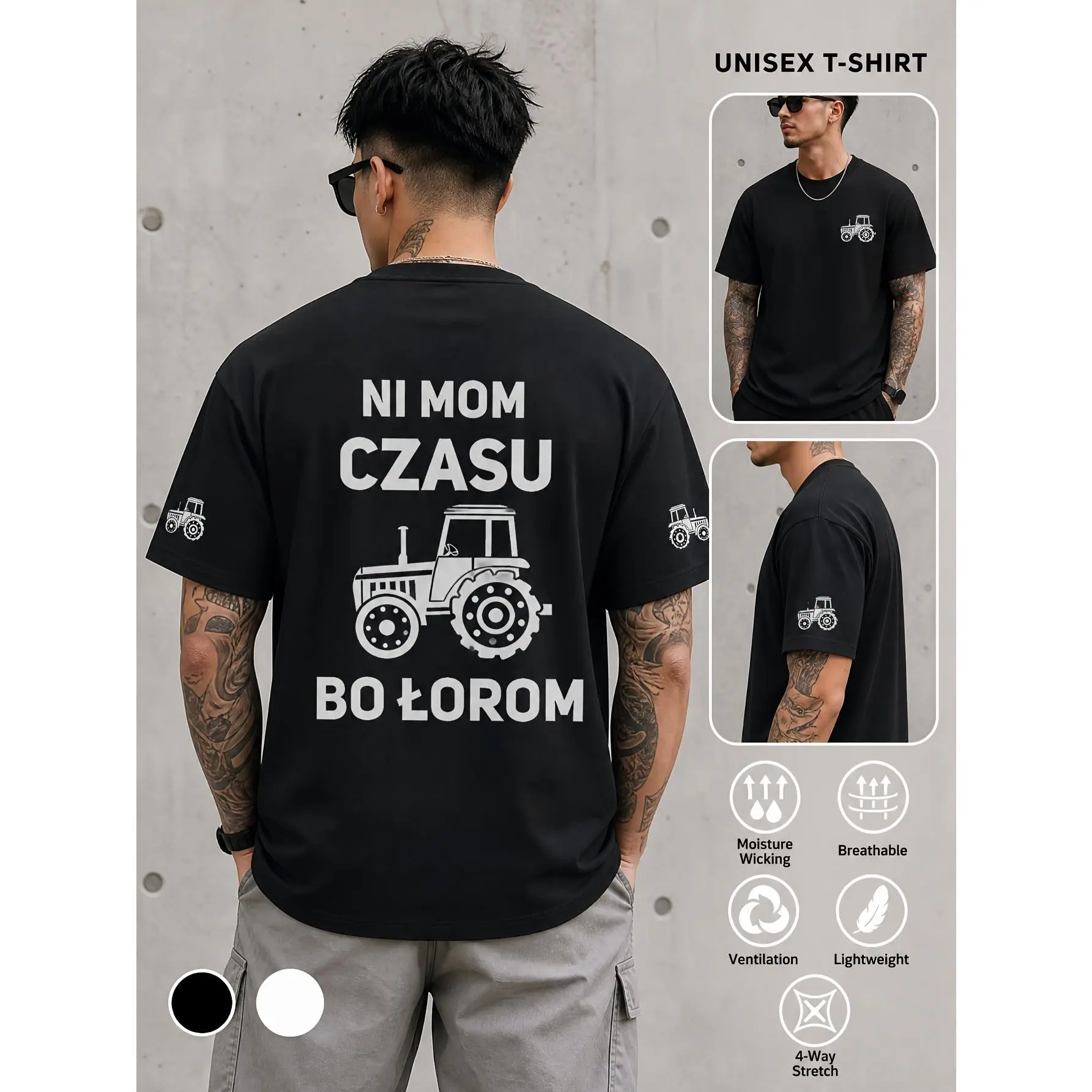 Black White Oversized Crew Neck Top With Retro Tractor Graphic Exotic Funny Letter Print, Light 4-Way Stretch Breathable Fabric, Vintage Rural Casual Garment For Men And Women Daily Matching Outfit