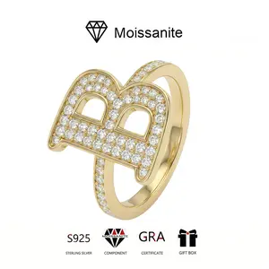 European and American Fashion Gold S925 Sterling Silver Ring with Moissanite 26 Letter Combination Trendy Jewelry