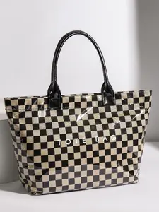 Trendy Fashion Large Capacity Checkerboard Design Letter Decorated Casual Tote Bag, Handheld Single Shoulder, Suitable for Daily Use, Work, Commuting, Fashionable Patterned Bag
