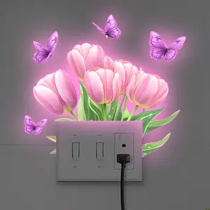 1pc glow-in-the-dark pink tulip butterfly switch sticker, self-adhesive and removable, adds a dreamy and romantic touch to home switches