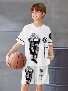 Boys Jesus and Lion Art Print Set, Casual Short Sleeve Crop Top and Shorts Two-Piece, Loose-Fitting H-Type Silhouette